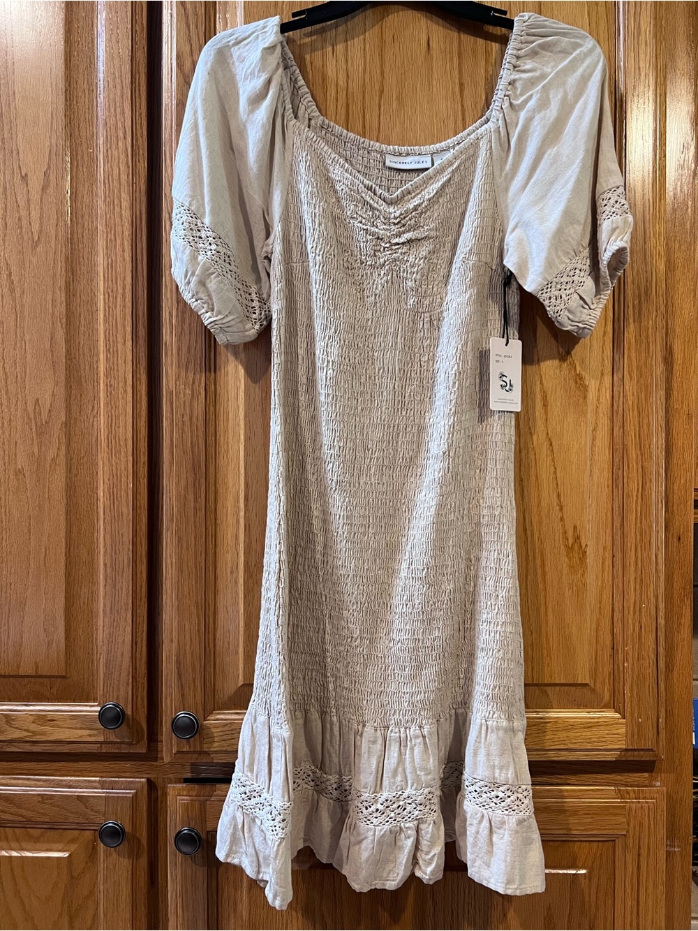 Smocked Beige Boho Midi Dress with Puff Sleeves